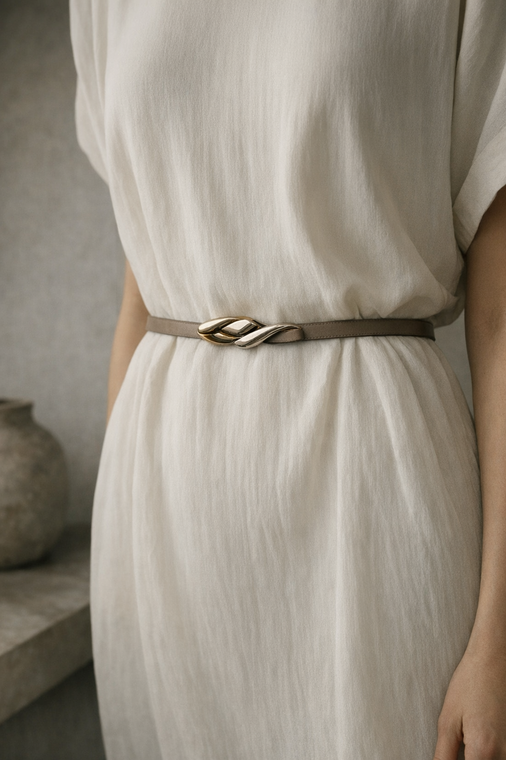 Narrow belt with sculptural metal closure