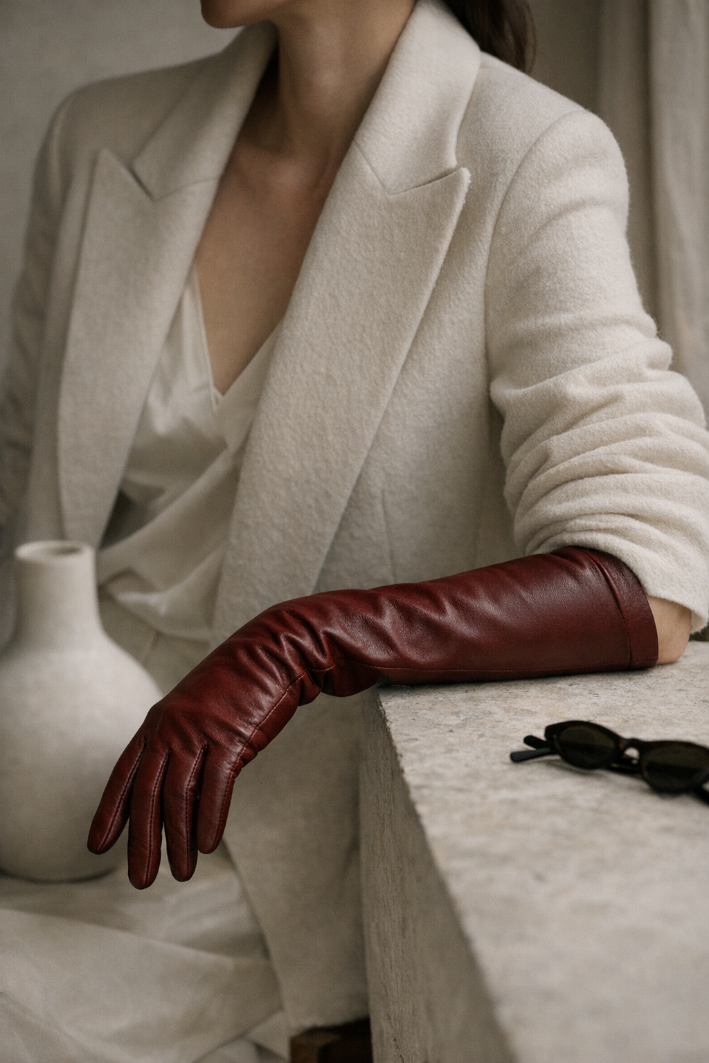 Elbow-length oxblood leather gloves with cream wool coat