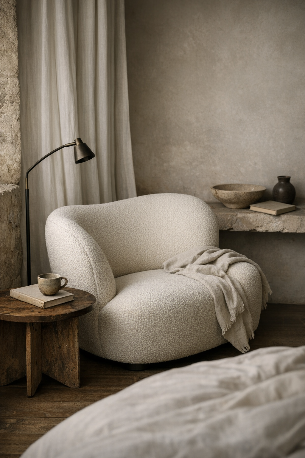 Sculptural bouclé reading chair